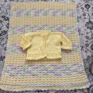 Vintage Handmade Crochet Baby Blanket & Sweater – Pastel 24 x 28 0-6m